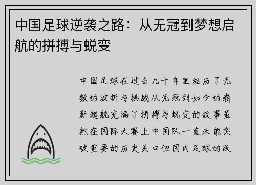 中国足球逆袭之路：从无冠到梦想启航的拼搏与蜕变