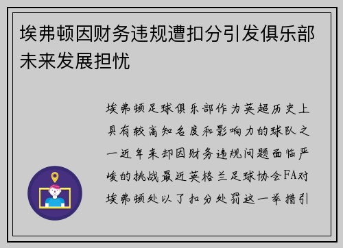 埃弗顿因财务违规遭扣分引发俱乐部未来发展担忧