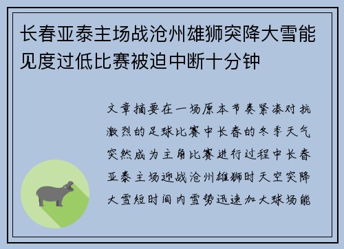 长春亚泰主场战沧州雄狮突降大雪能见度过低比赛被迫中断十分钟